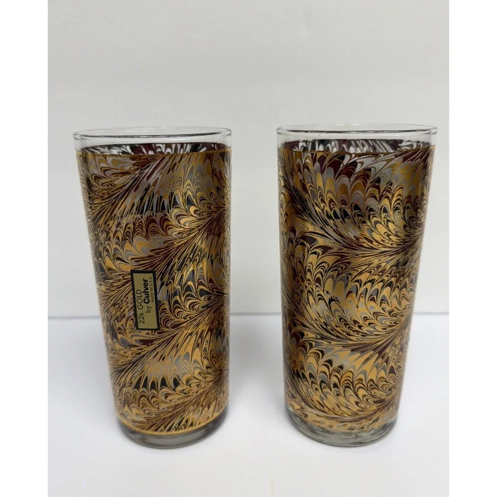Culver Peacock Marble Glasses Burgundy & Black Highball 12 0z. 22k Gold Set Of 2